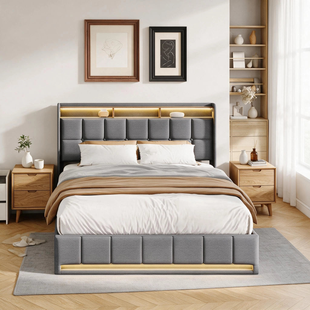 Letto matrimoniale 160x200 cm con contenitore LED USB testiera con mensola rete a doghe in lino - grigio