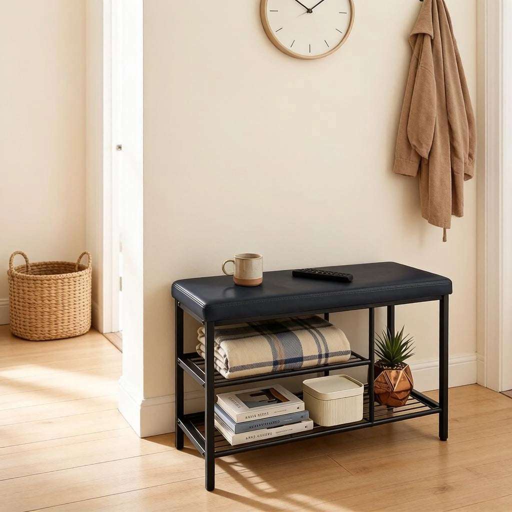 Scarpiera con seduta a 3 scomparti aperti con piedini regolabili in similpelle e metallo nero 80 × 30 × 50 cm