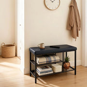 Scarpiera con seduta a 3 scomparti aperti con piedini regolabili in similpelle e metallo nero 80 × 30 × 50 cm