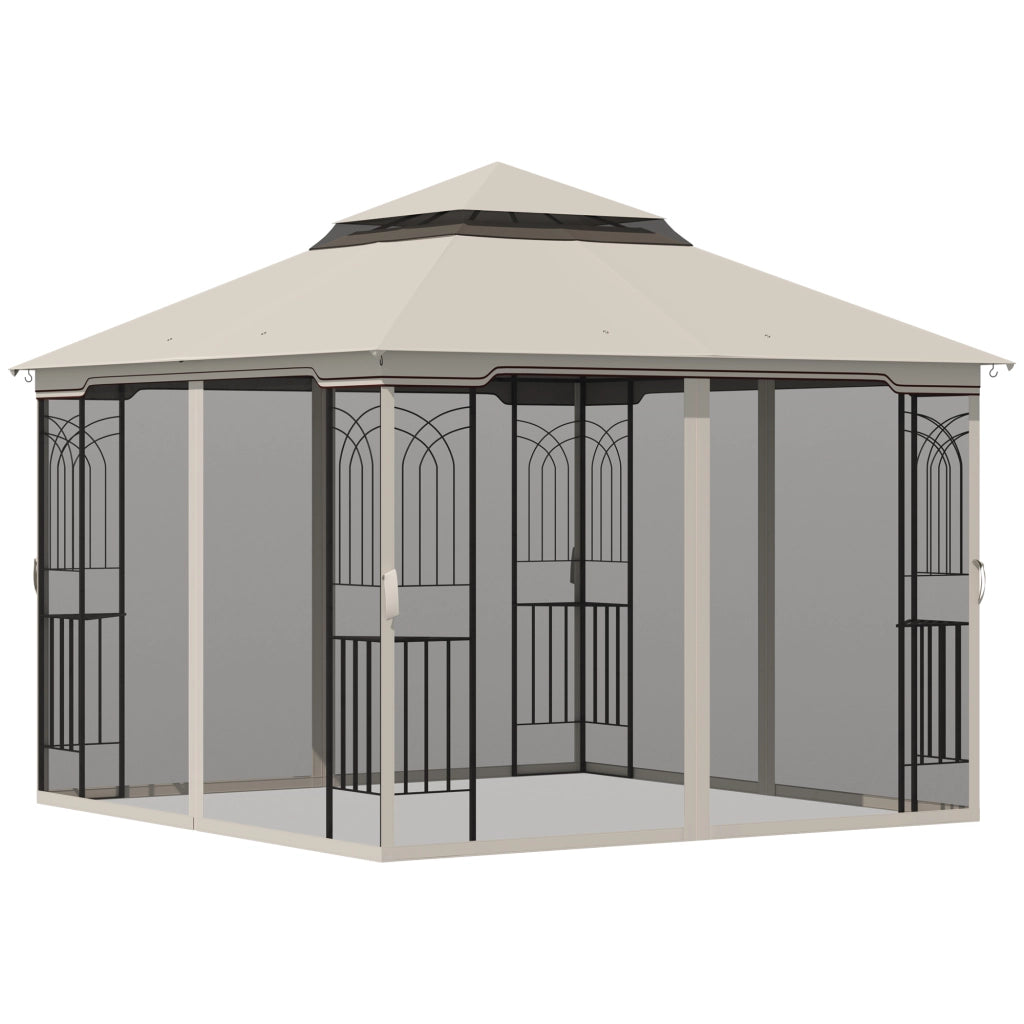 Gazebo da giardino con doppio tetto e 4 pareti laterali ¨C zephmum ¨C metallo e poliestere beige 299x299x274 cm