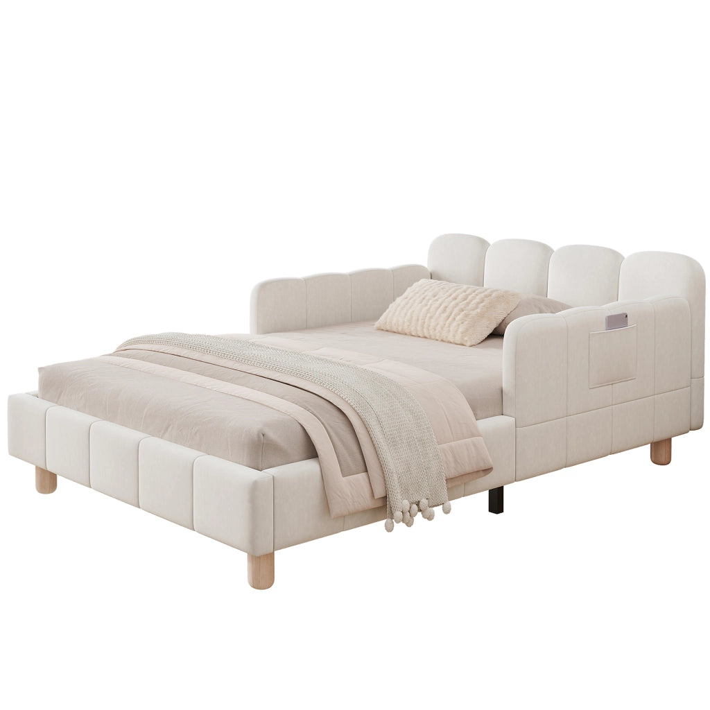 Letto divano per bambini 90x200 cm imbottito con testiera; sponda anticaduta e piedi in legno massello; velluto beige