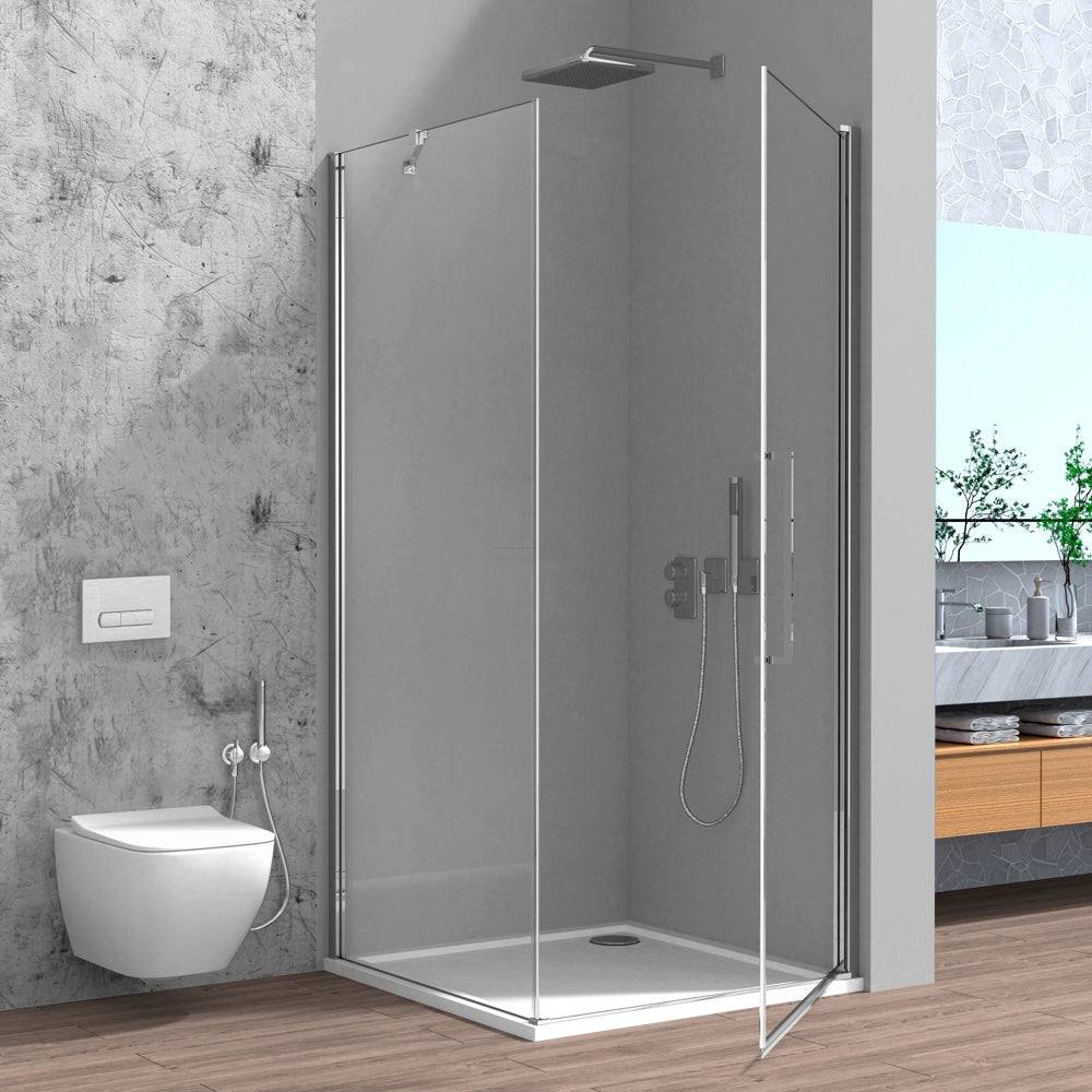 Box doccia angolare 80x80 in vetro temperato trasparente battente con profili cromo Neos