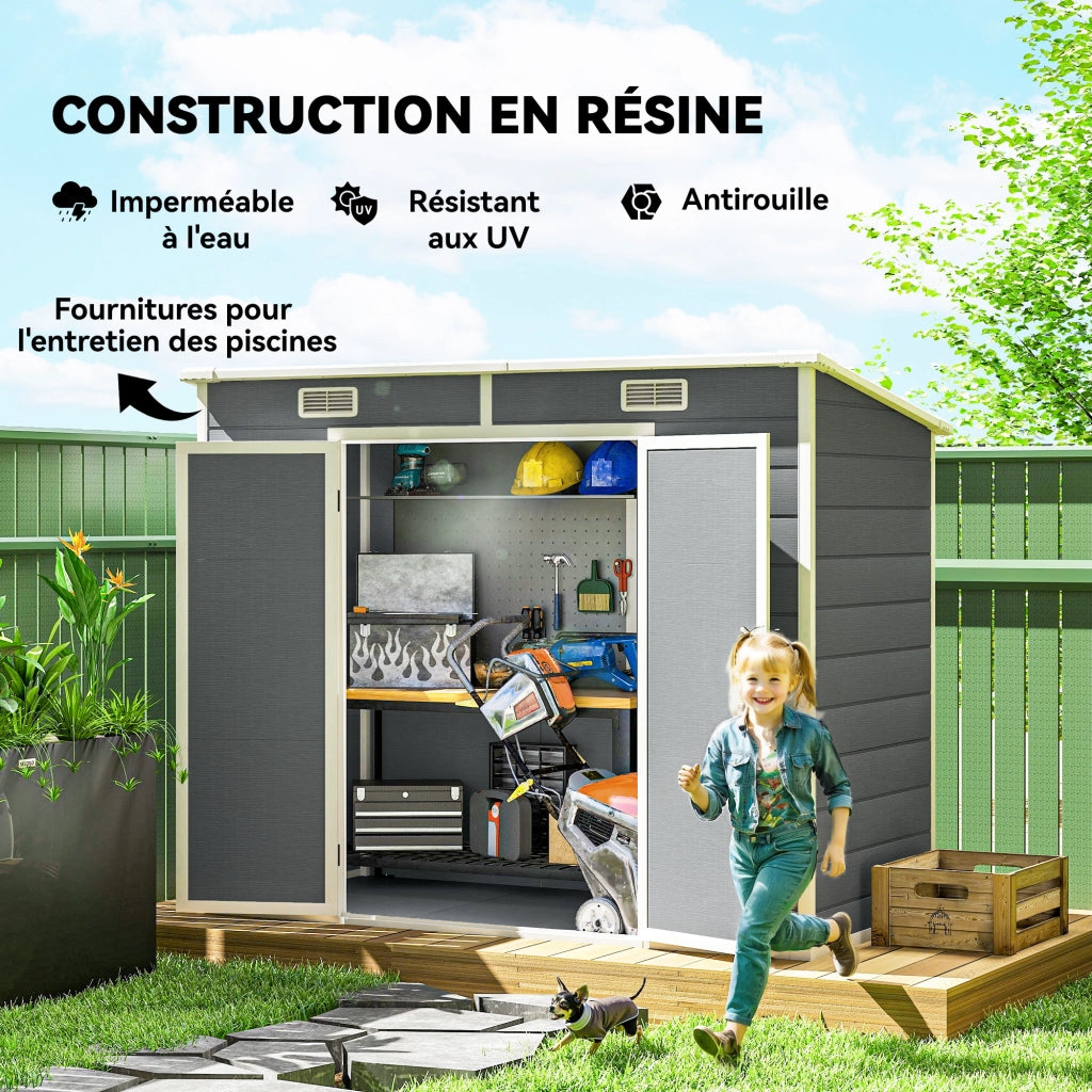Casetta da giardino 2,4x1,3m ¨C Xylo ¨C resina grigio con pavimento finestra porte