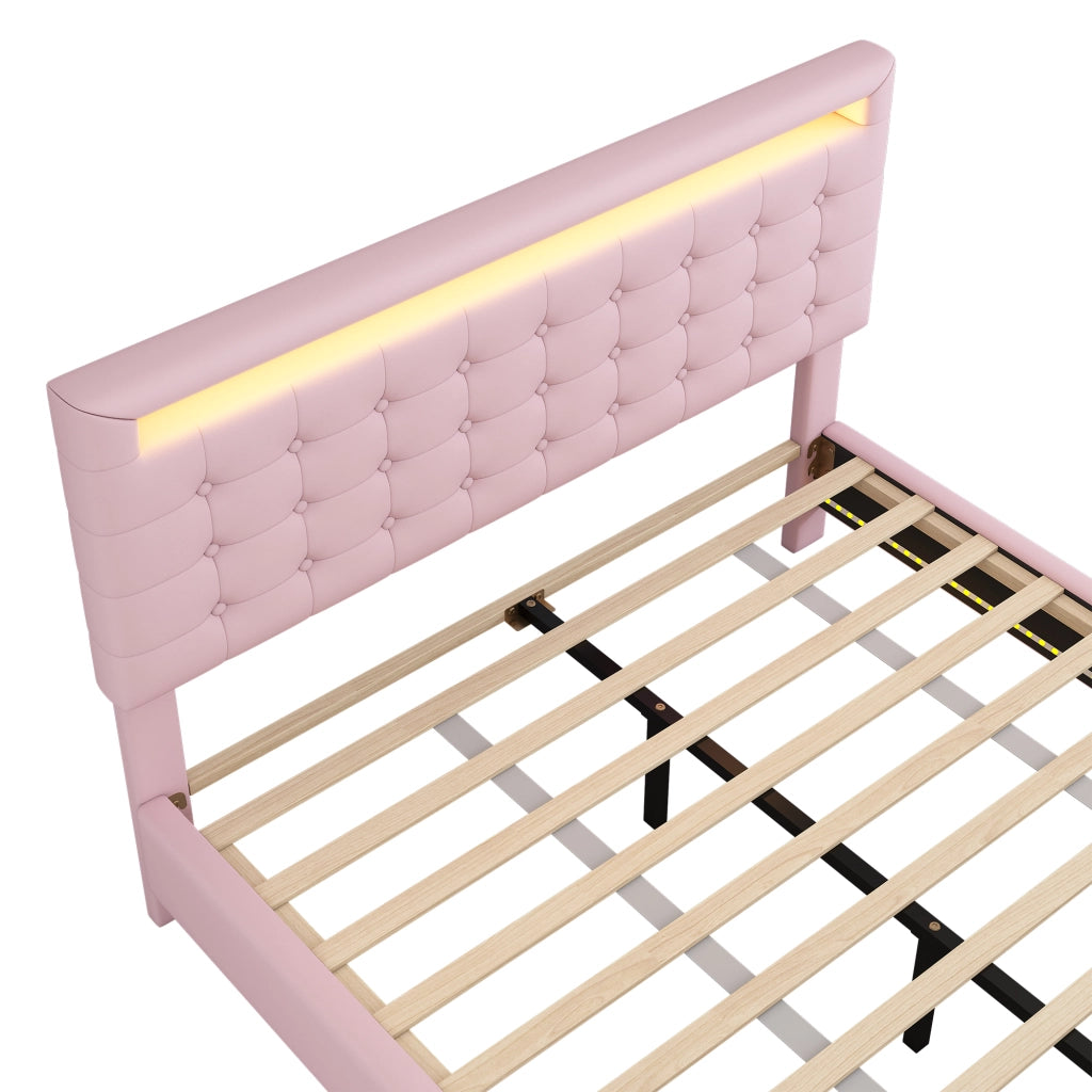 Letto Imbottito con LED e Testiera Regolabile ¨C MINIMAL ¨C Rosa 140x200