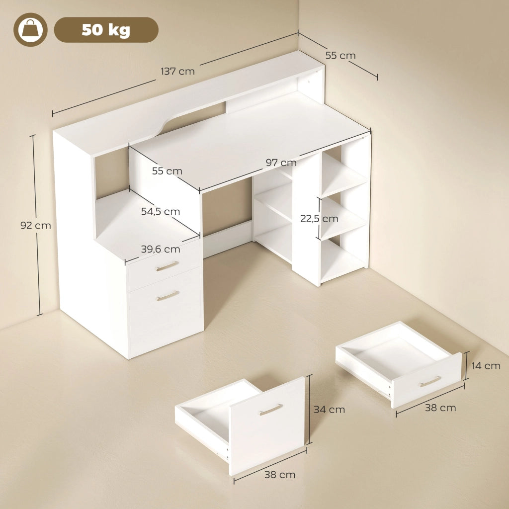 Scrivania con cassetti e scaffale ¨C Minimal ¨C 137x55x92 cm bianco