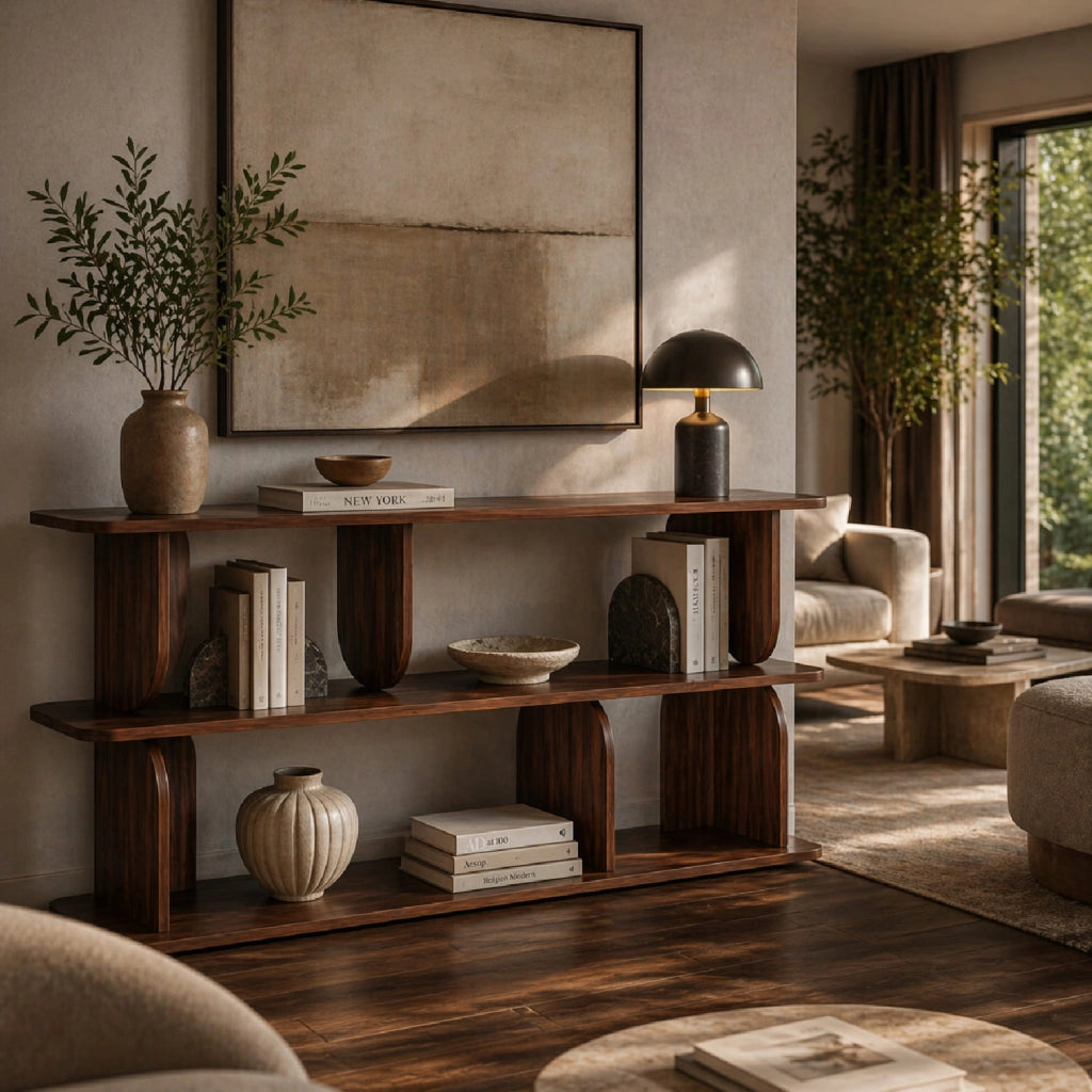 Libreria Per Soggiorno Corridoio Studio Ufficio Con 4 Vani A Giorno E 3 Ripiani Design Moderno Contemporaneo In Melaminico 160 X 74 X 34 Cm Noce