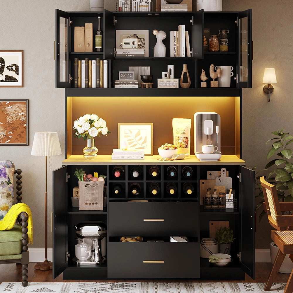 Armadio laterale per cucina - Xylo - 120x36,3x180 cm - Nero/Bianco - Illuminazione LED e presa di corrente