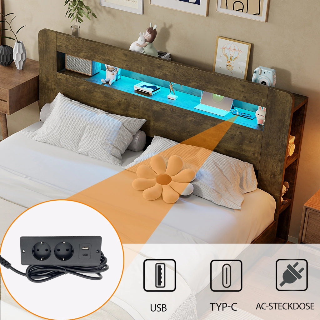 DESMIU Letto matrimoniale 180 × 200 cm con vano portaoggetti, LED e prese integrate, senza materasso, legno vintage