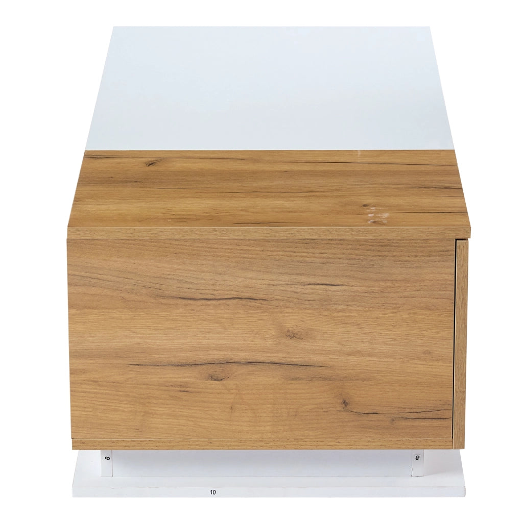 Tavolino da salotto LED con vano contenitore 105x50x36 cm in truciolare e vetro temperato; bianco e rovere