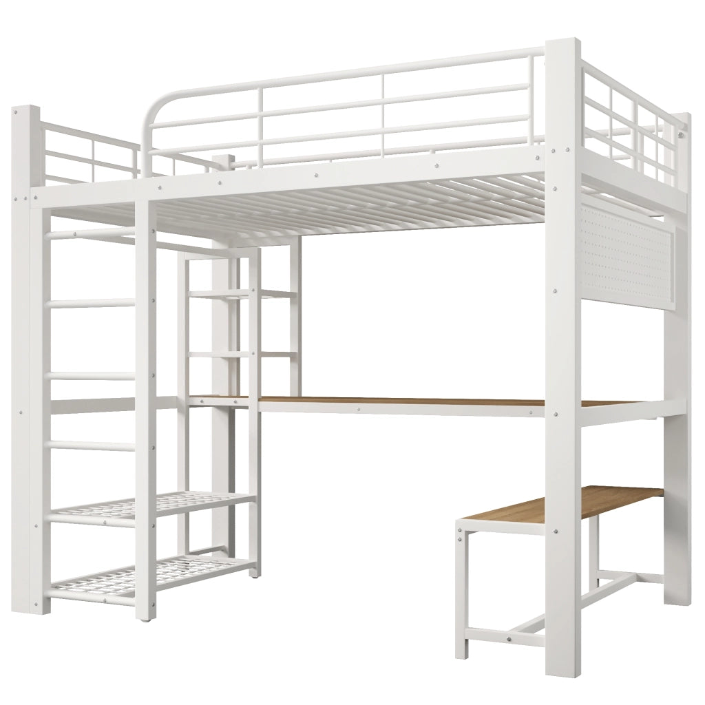 Letto a soppalco in metallo 140x200 cm con scrivania, LED e spazio contenitivo, bianco