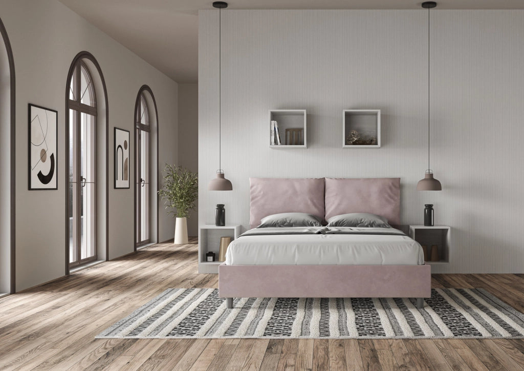 BS COM Letto queen size senza rete imbottito 150x210 microfibra glicine