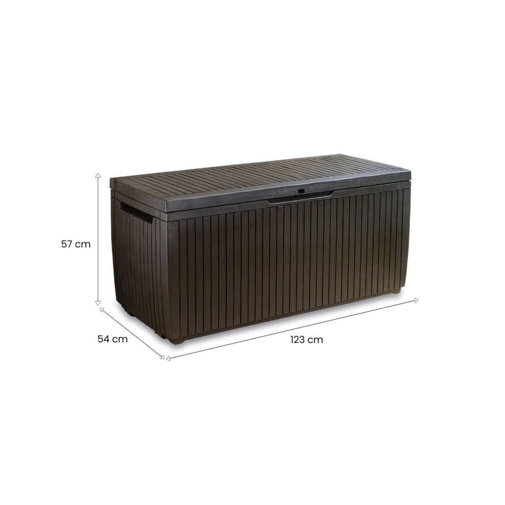 Cassapanca outdoor Burlington, Baule da giardino, Contenitore da esterno, Panchina contenitore da esterno, 123x54 h57 cm, Marrone