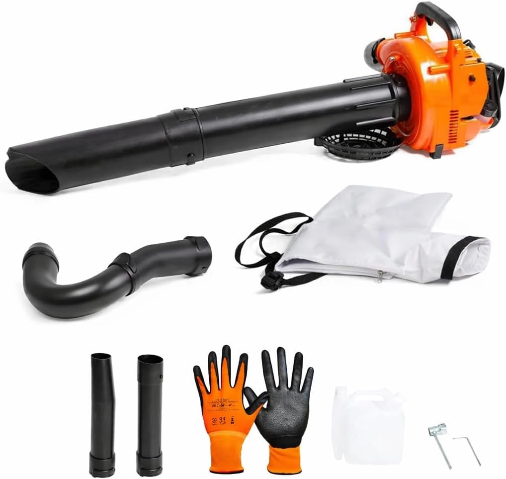 Soffiatore a Scoppio 2 Tempi 25,4 cc, con funzione Aspiratore, Compatto e Leggero, Doppio Tubo Incluso, Sacco Raccolta 50L Omaggio, Kit Accessori e Manutenzione, Ideale per Foglie e Giardino.