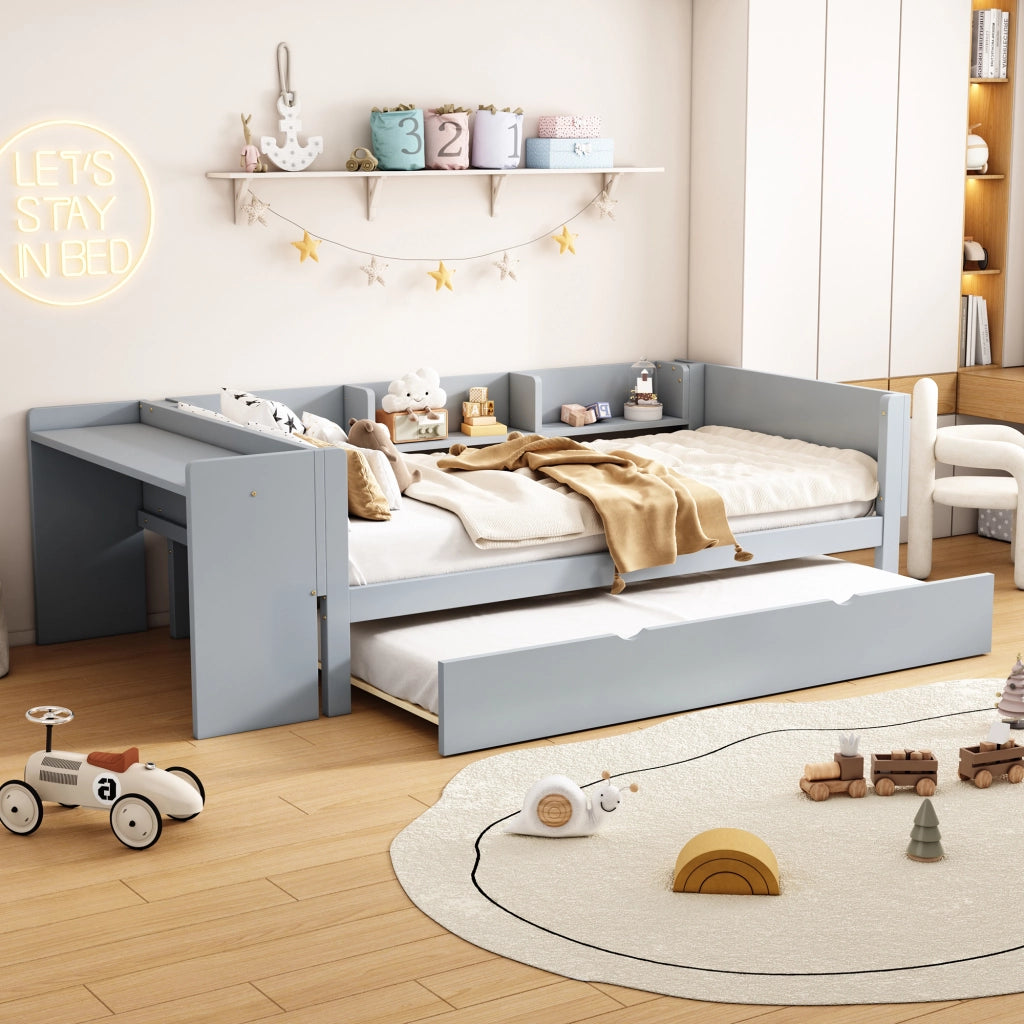 LETTO 90x200 cm con letto estraibile, scrivania e 3 ripiani laterali Grigio