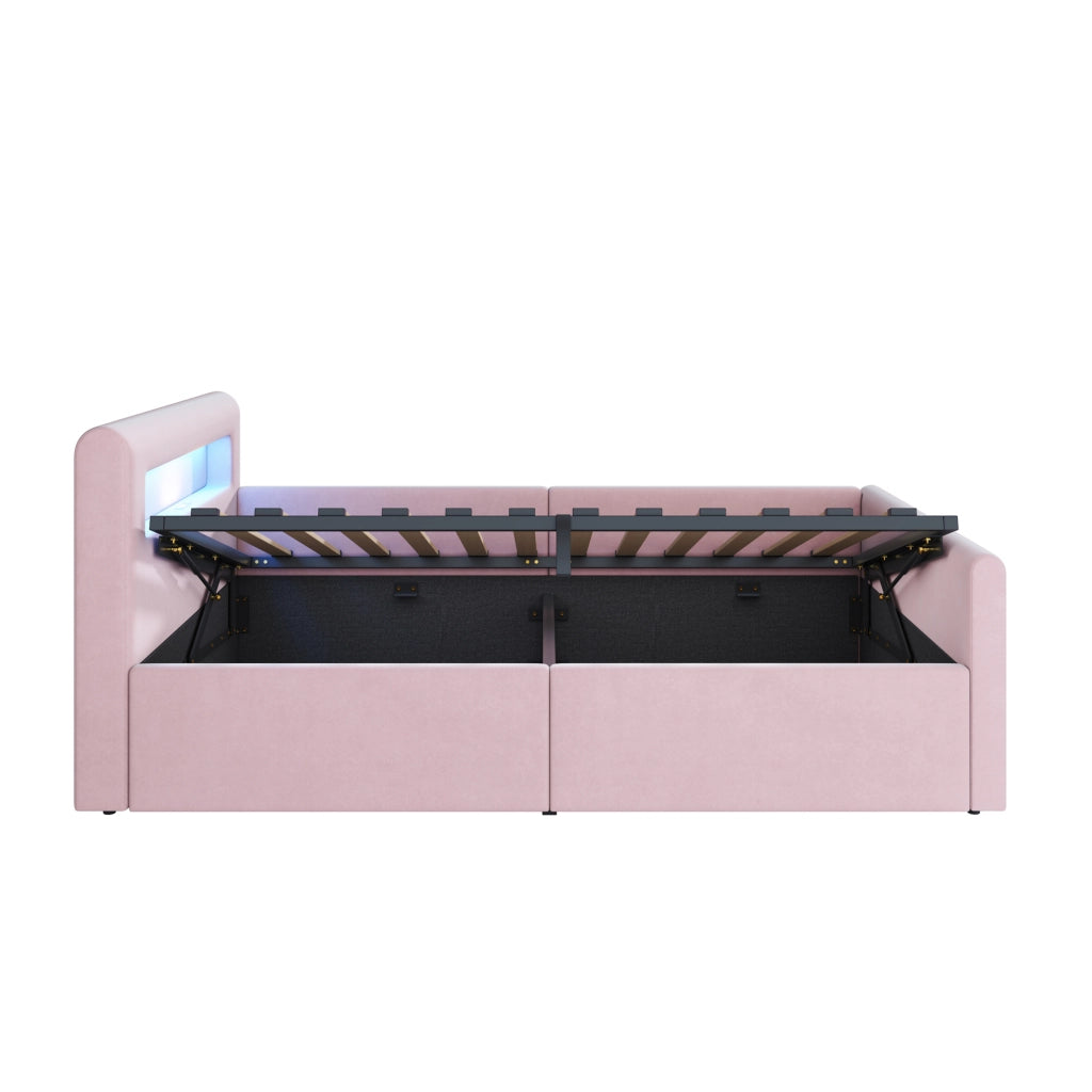 LETTO imbottito bambini 90x200 cm in velluto rosa con LED, USB e contenitore