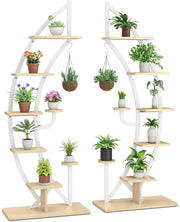 Scaffale per Piante a 7 Livelli, Scaffale a Forma di Mezza Luna con Gancio e Dispositivo Antiribaltamento, Porta Piante e Fiori per Balcone e Soggiorno, 60 x 30 x 155 cm (2 PEZZI BIANCO)
