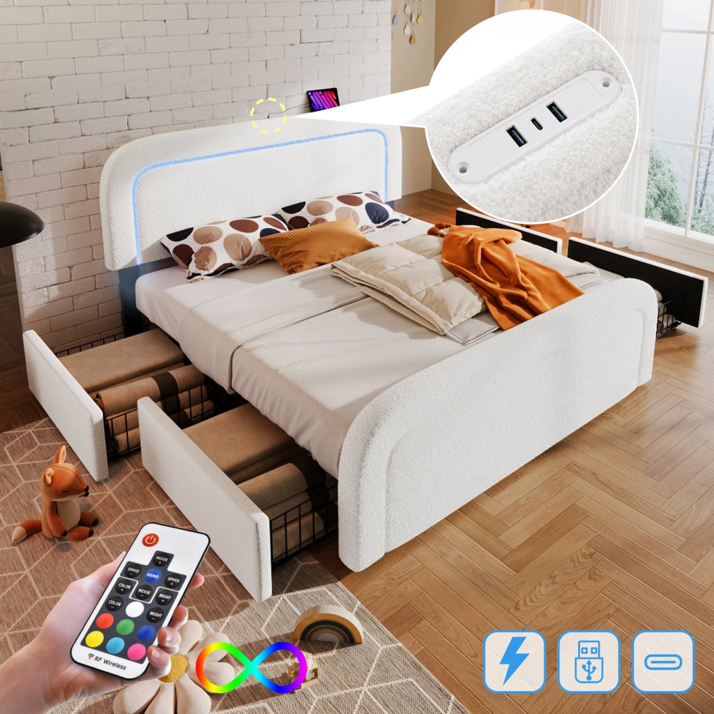 LETTO 160x200 cm Sherpa Bianco con USB Type-C, LED e 4 Cassetti