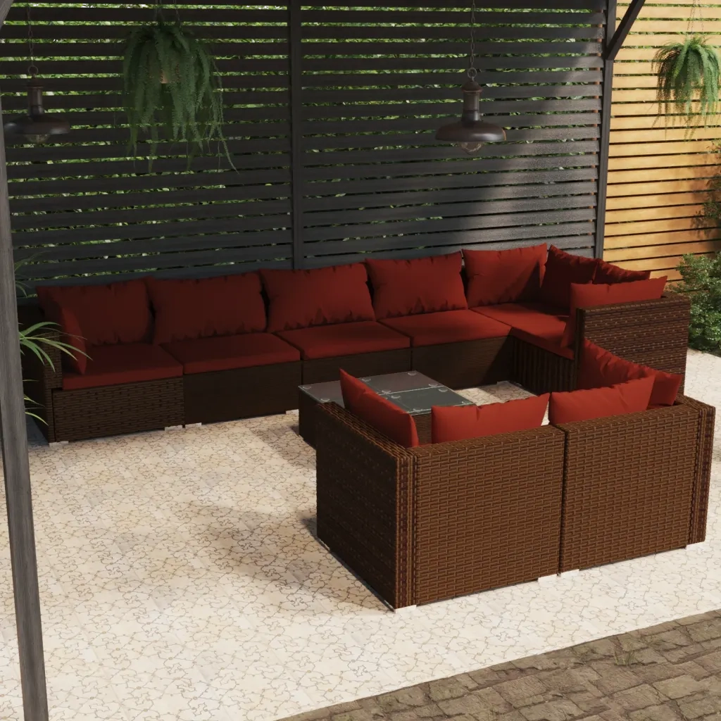 Set Divani da Giardino 9 pz con Cuscini in Polyrattan Marrone 3102491