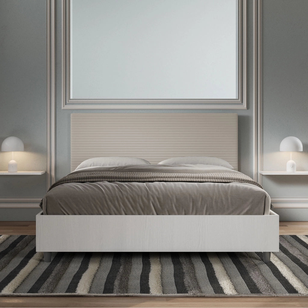 BS COM Letto matrimoniale con rete 160x200 bianco frassino testata similpelle tortora