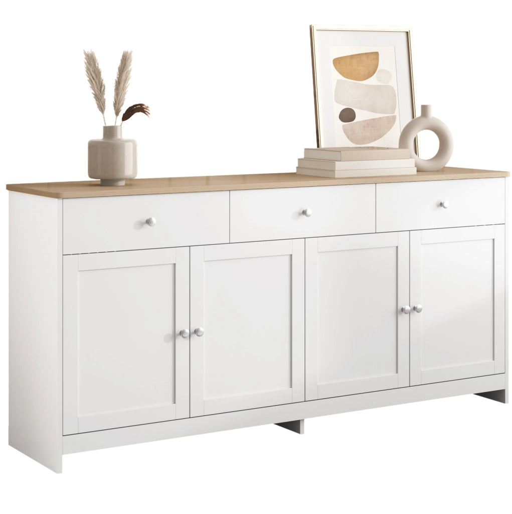 Credenza buffet rustica 160 cm con 4 ante; 3 cassetti e ripiani regolabili; bianco e legno