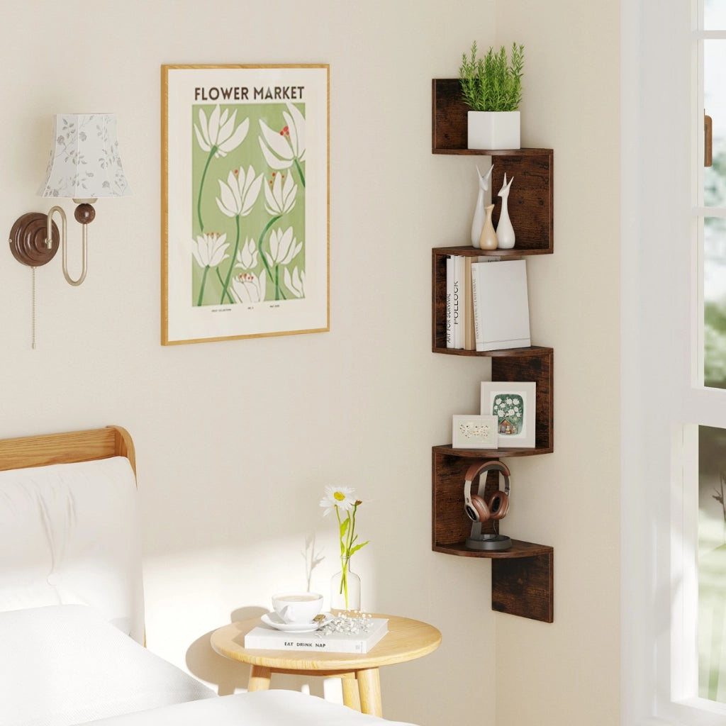 Scaffale sospeso a muro organizzatore di stoccaggio a parete-Scaffale angolare a 5 livelli espositore in legno per soggiorno Marrone