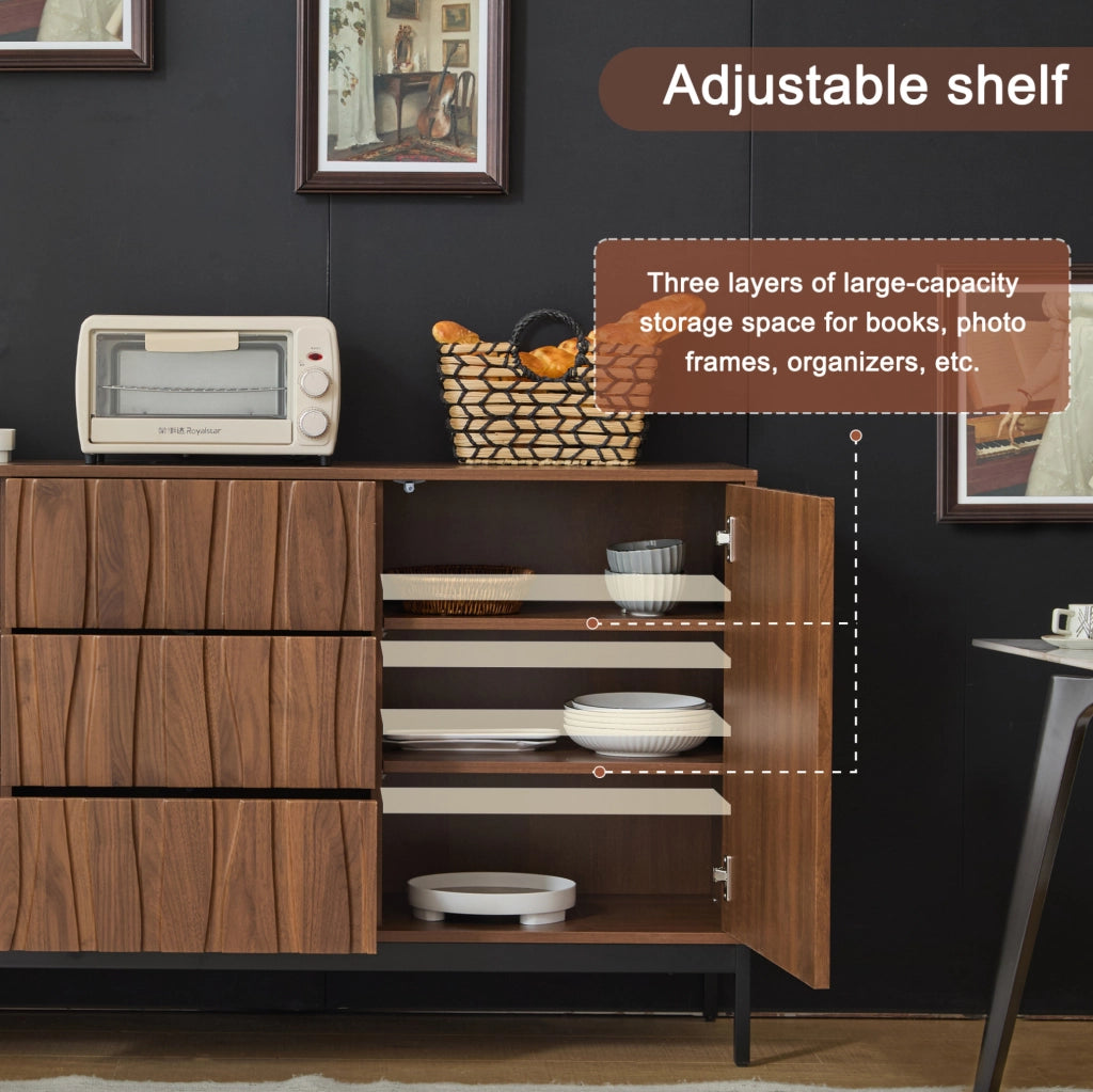 Credenza 150 cm in MDF e PB; con 3 cassetti e ripiani regolabili; marrone scuro