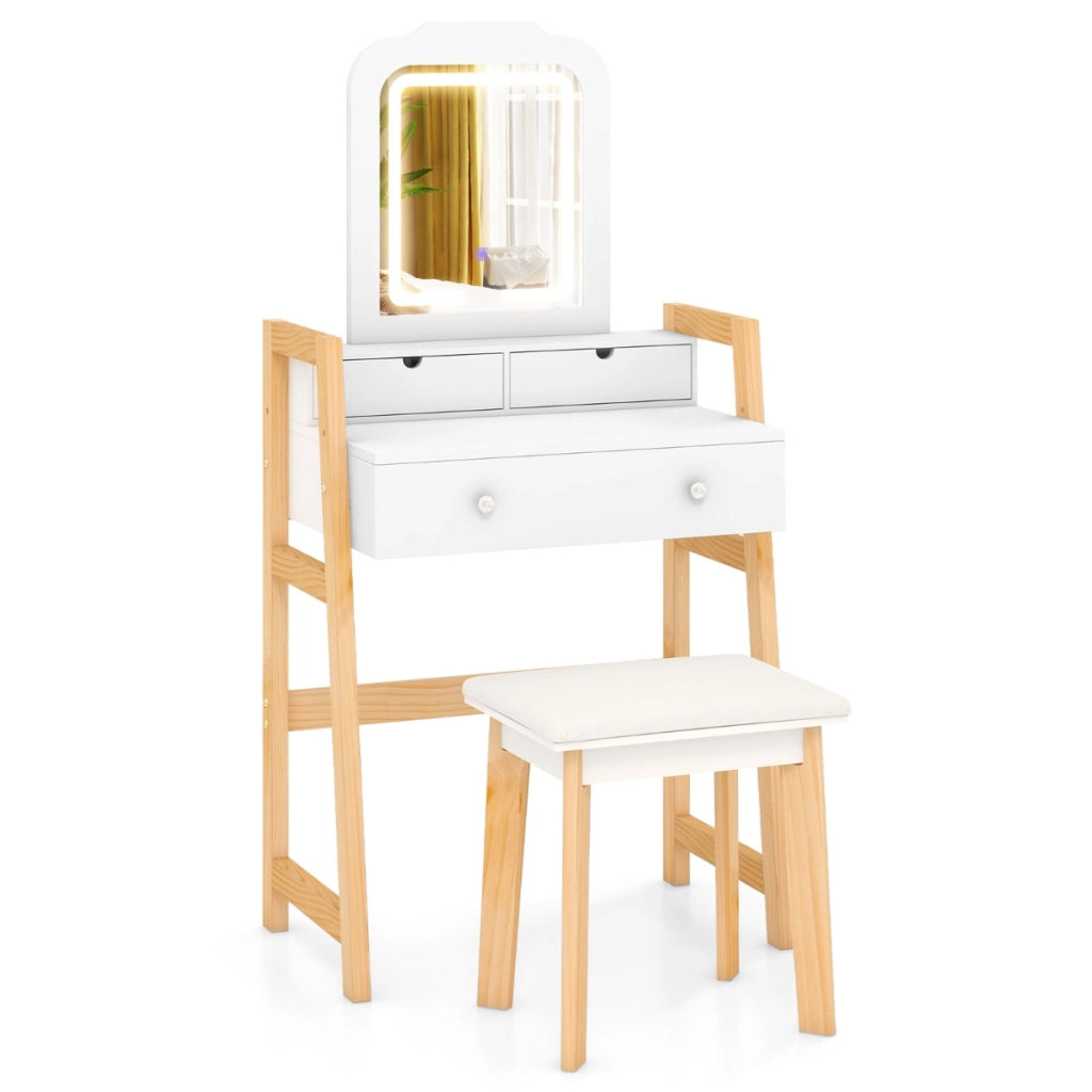 Tavolo da trucco con luci LED a 3 colori gambe in legno di pino e altezza regolabile, Set da toeletta con specchio illuminato Bianco-Tavoli da trucco