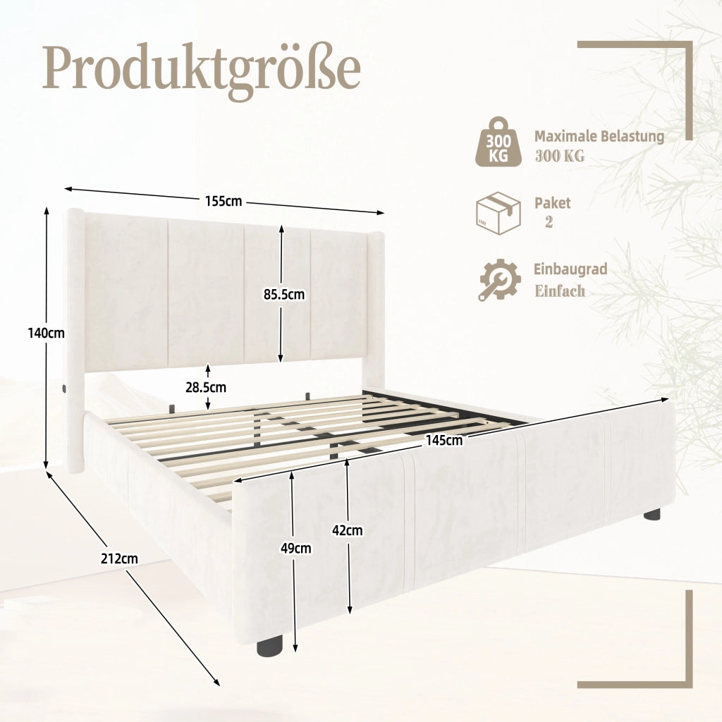 Letto Matrimoniale 140 x 200 cm; USB e Type-C; Testiera Alta e Pediera Alta; in Velluto Beige