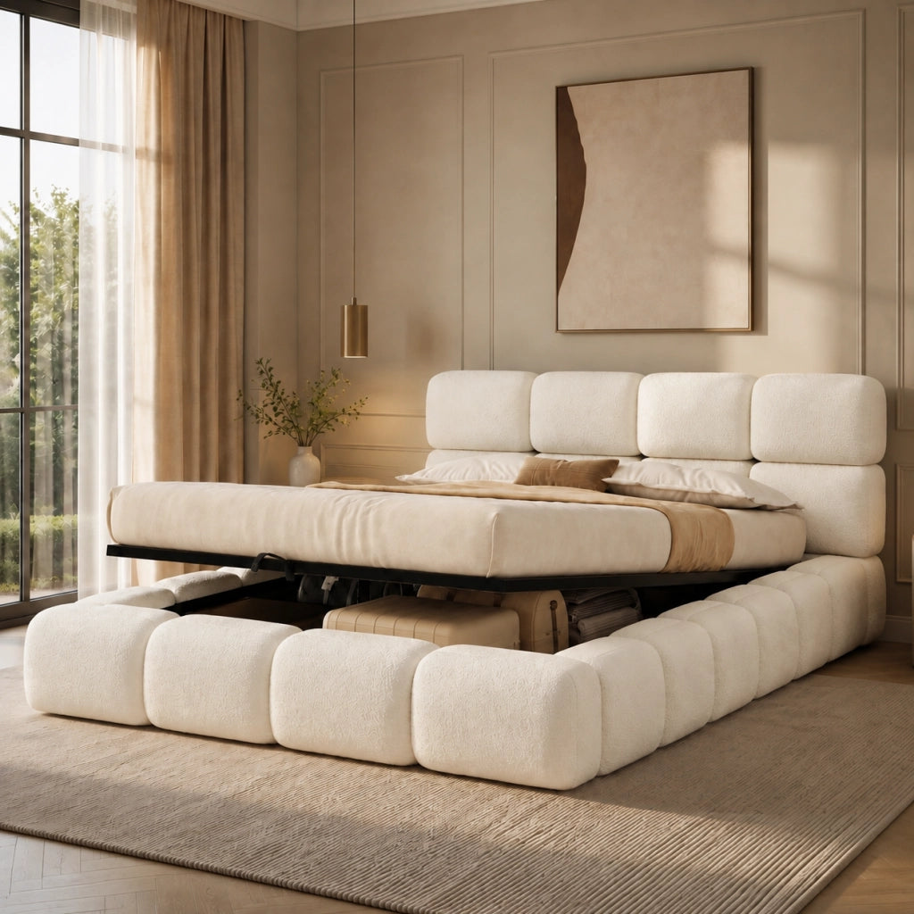 letto imbottito bouclé bianco 228 x 203 cm