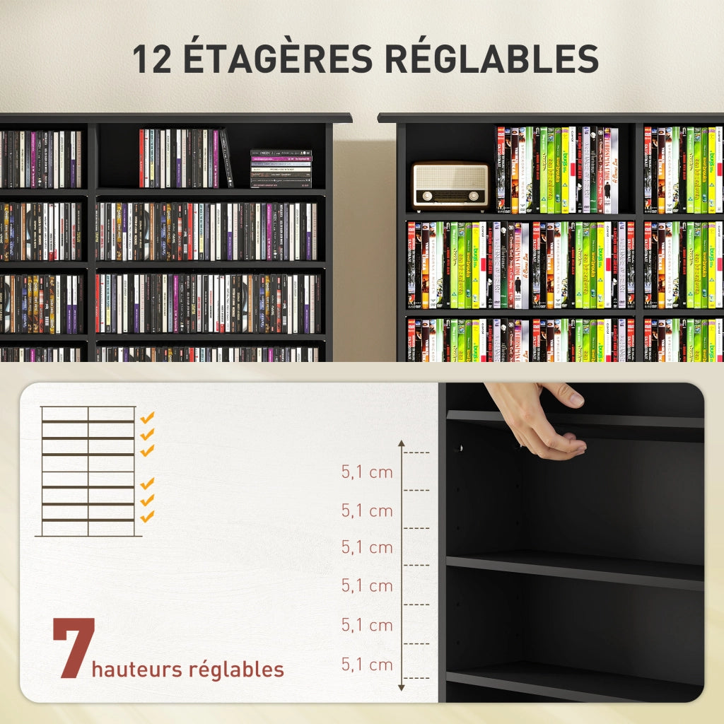 Libreria per CD e DVD con 16 scomparti e 12 ripiani regolabili ¨C zephmum ¨C nero