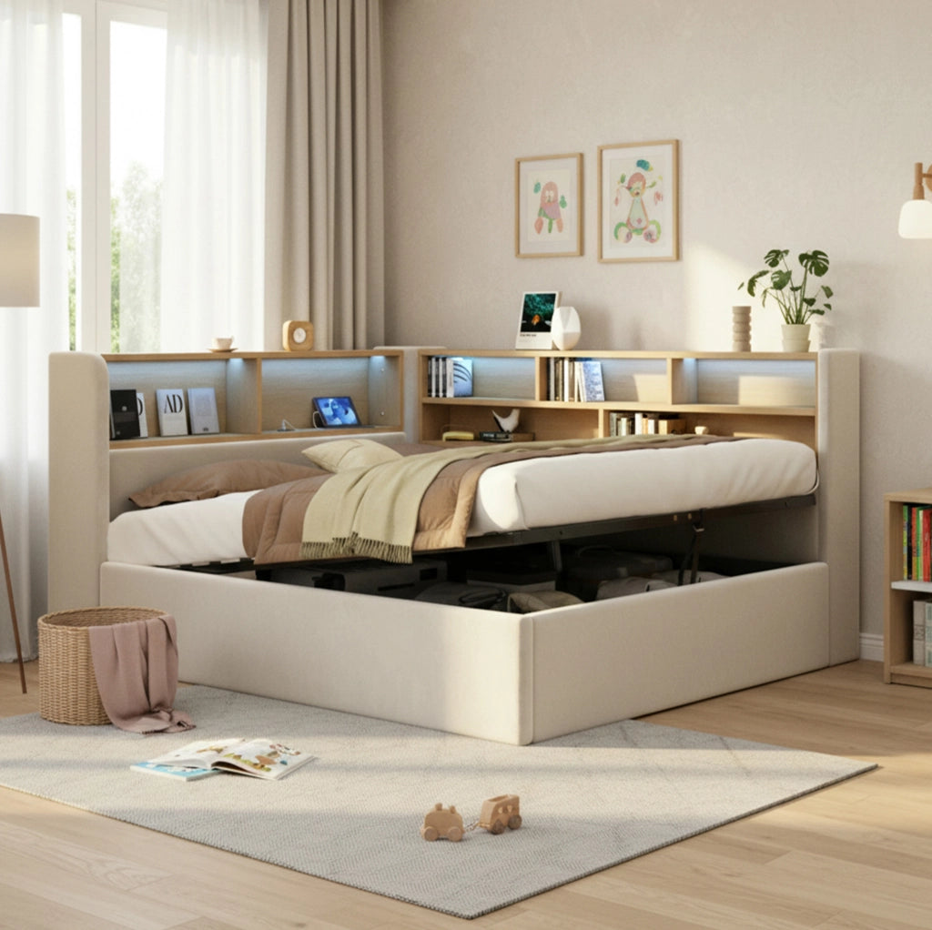 Daybed imbottito con contenitore idraulico, LED e porte USB-C 140x190 cm