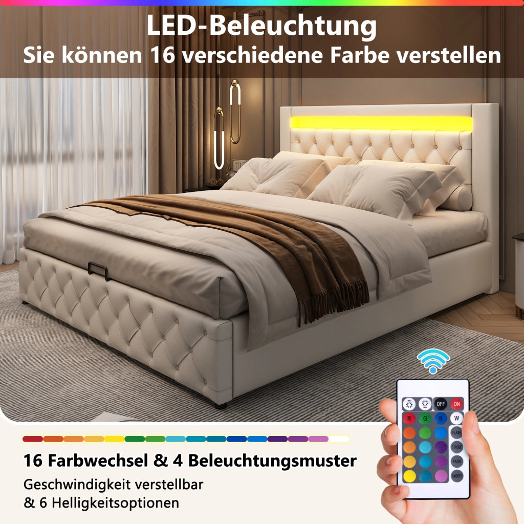 LETTO imbottito 160x200 cm bianco in PU con LED e cassettone