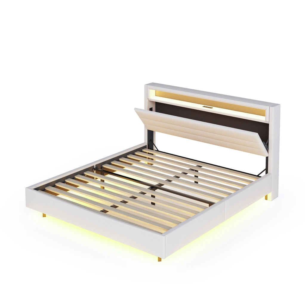 Letto imbottito 160x200 cm con LED, USB e testiera contenitore beige