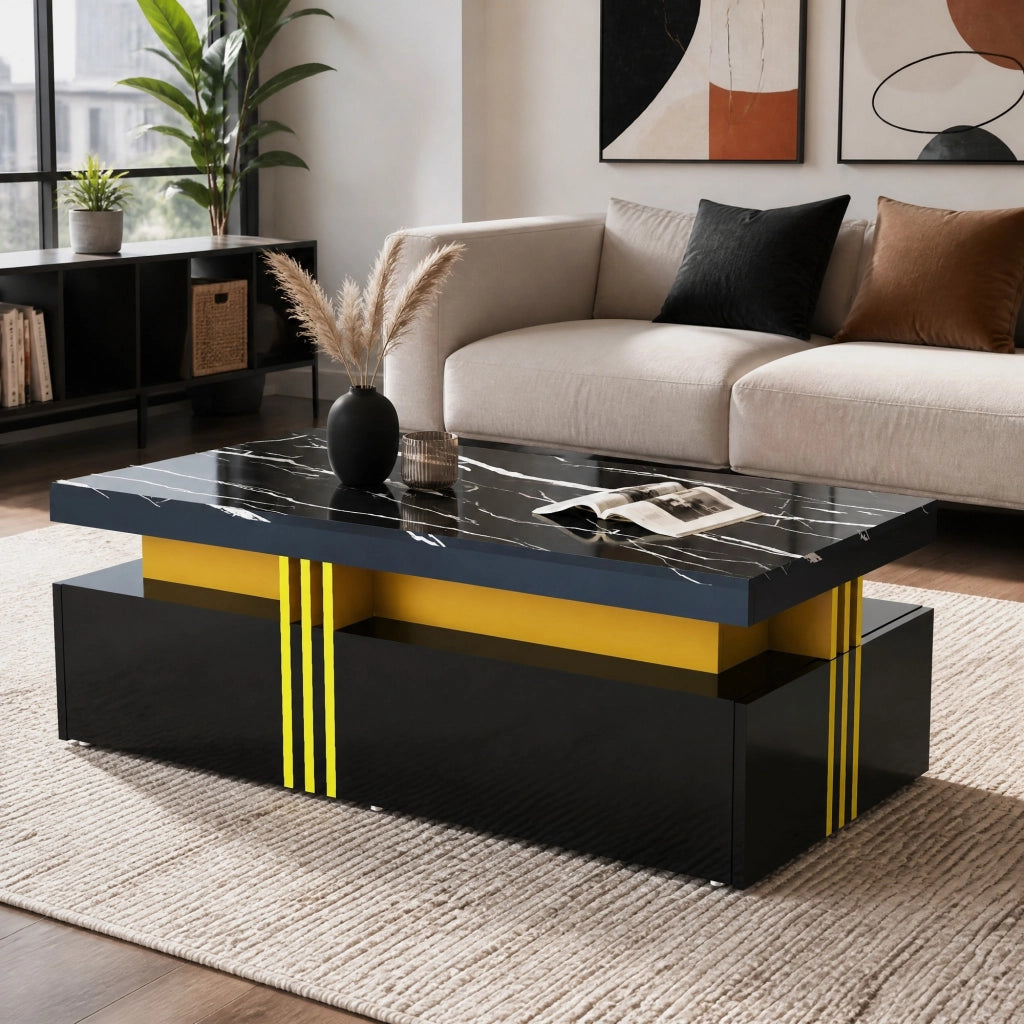 Tavolino da salotto moderno rettangolare 100x50x40 cm in truciolare nero; piano effetto marmo e 2 cassetti