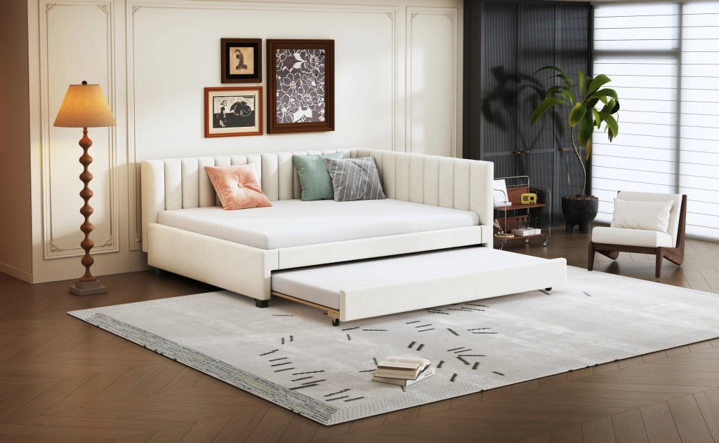 DESMIU Divano letto estraibile 140 × 200 cm 2 posti con letto supplementare, senza materasso, in velluto, beige