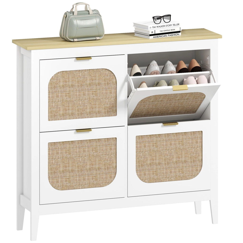 Scarpiera con 4 cassetti e ante effetto rattan ¨C Zephmum ¨C Bianco 105x24x95.5 cm