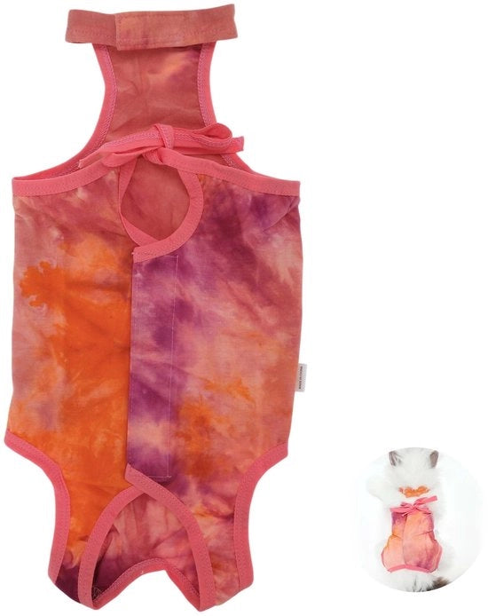 Kit di cura per gatti post-operatori - Abbigliamento per gatti - Overall post-operatorio - Tessuto in cotone respirabile - Passamoda regolabile - Disegno batik - Overall per gatti