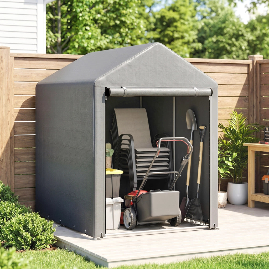 Capanno Attrezzi Tenda Garage con Copertura Anti UV e Telaio in Metallo, 120x179x165cm, Grigio Chiaro