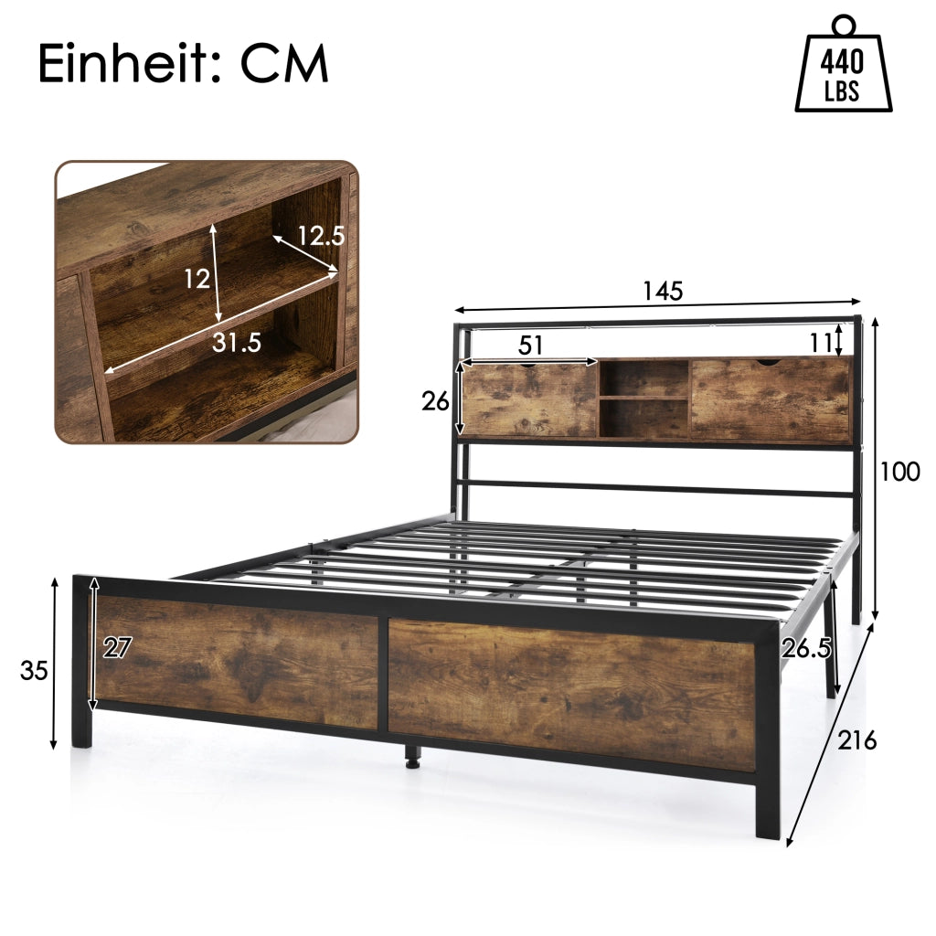 Letto matrimoniale in metallo con testiera contenitore; doghe in metallo; nero; 140x200 cm; senza materasso