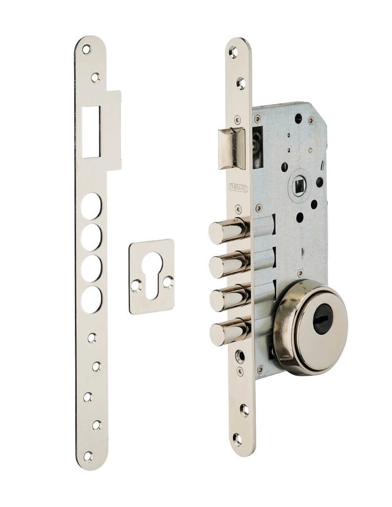 Serratura da incasso per cilindro europeo, asse 50 mm, defender, frontale quadro, cromata – THIRARD