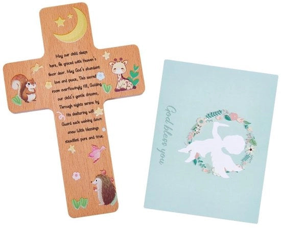 Set di Crocifissione per Bambini 2 pezzi - Croce in Legno 16,9 x 11 cm - Ricordo Cristiano - Carta di Preghiera - Sostenibile - Pronto Regalo - Crocifissione per Battezzino