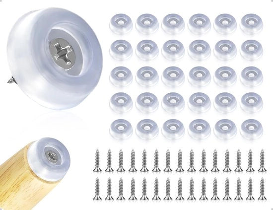 Gomme di supporto per mobili in silicone - 30 pezzi - Base antiscivolo - Rondi - Translucidi - 16 mm - Inclusi viti - Gomme di appoggio per mobili