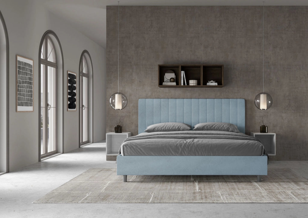 Letto Matrimoniale King Size 200x200 cm con Rete Imbottito in Microfibra Agueda Azzurro