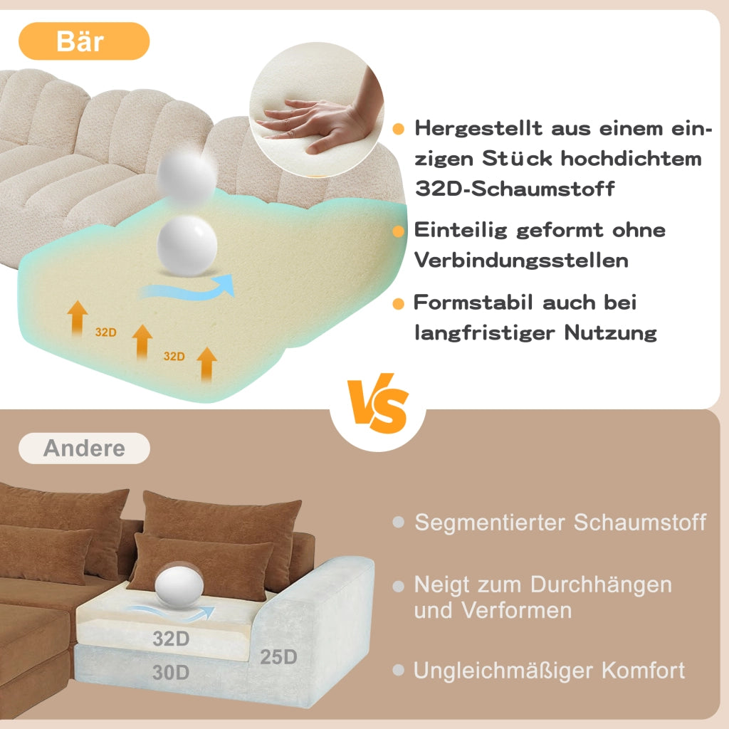 Divano modulare 2 posti con pouf e schienale ergonomico in fleece granulare beige