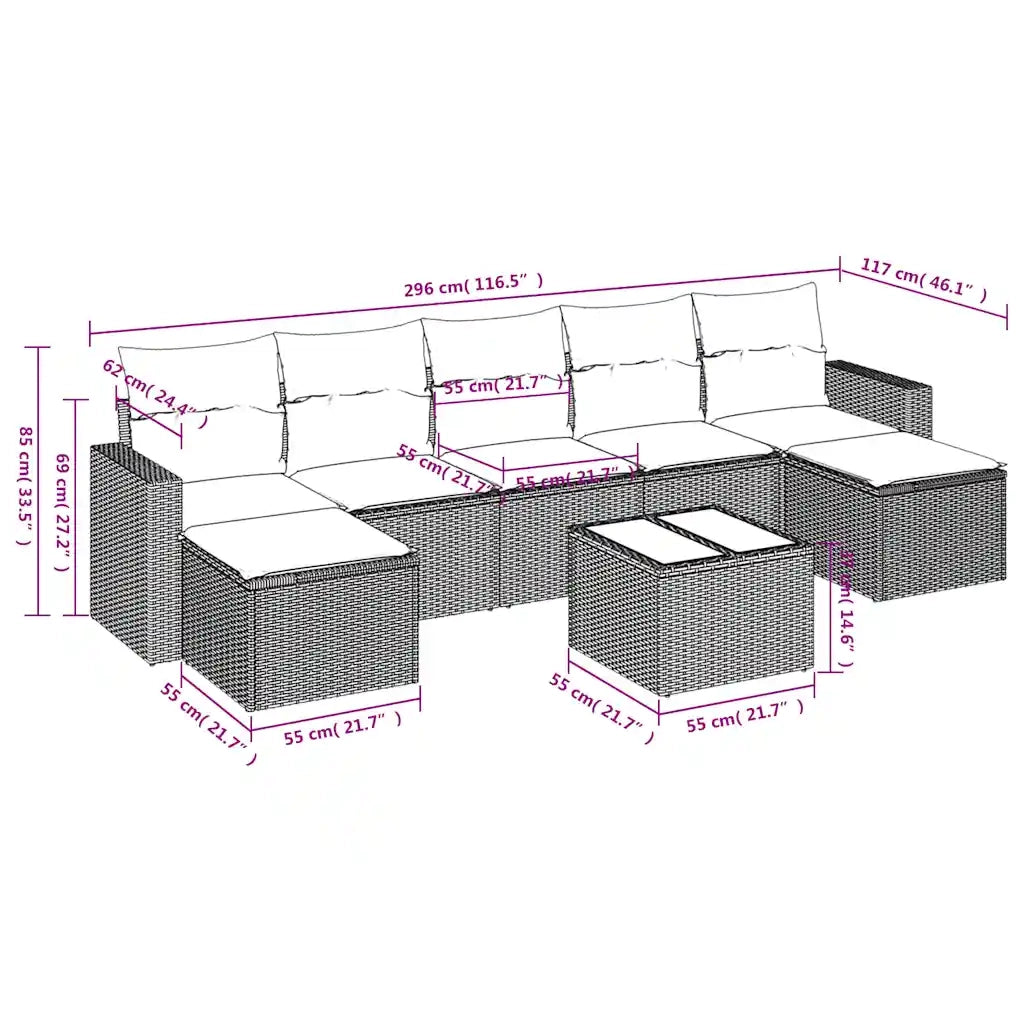 Set Divani da Giardino 8 pz con Cuscini Marrone in Polyrattan 3219343