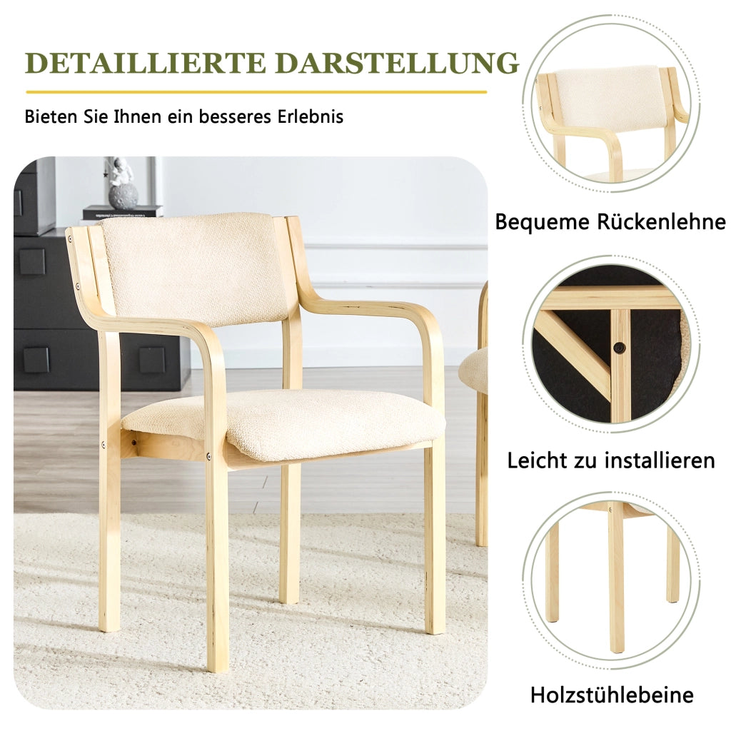 Sedie da pranzo set di 2 in legno curvato con braccioli e schienale ergonomico in tessuto teddy bianco