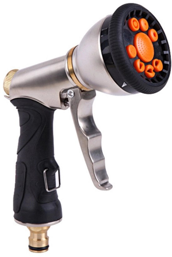 Spazzola per giardino con pistola ad acqua – Testa di getto per giardino - Regolabile su 9 posizioni – Testa di getto metallica ad alta pressione – Spazzola per acqua – Ideale per l'irrigazione, lavaggio dell'auto e lavaggio degli animali domestici