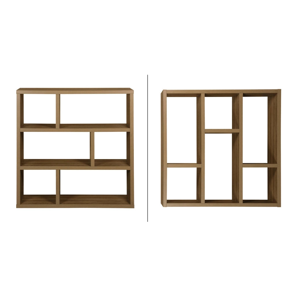 Libreria asimmetrica a 3 livelli con 6 vani, effetto legno miele