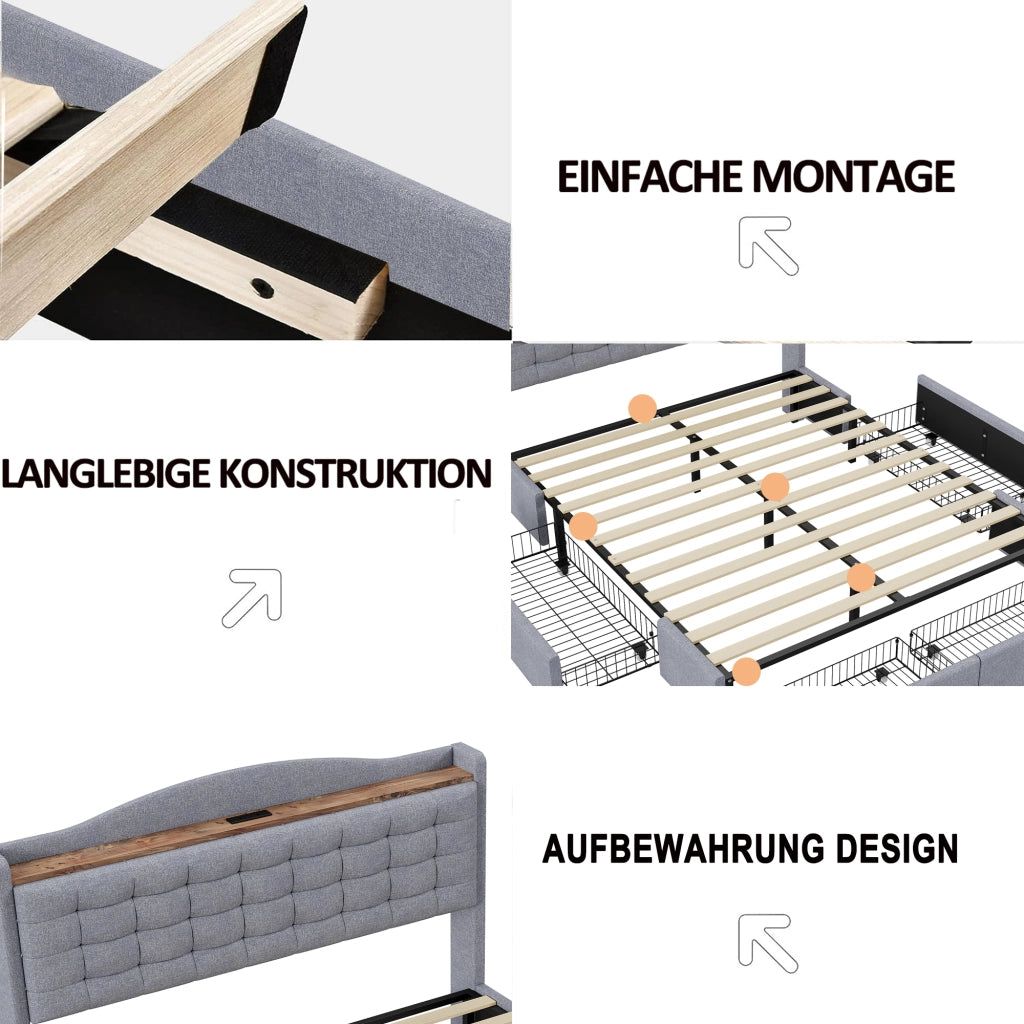 Letto Contenitore 140x200 cm; Letto Matrimoniale con USB; 4 Cassetti e Ripiano in Grigio