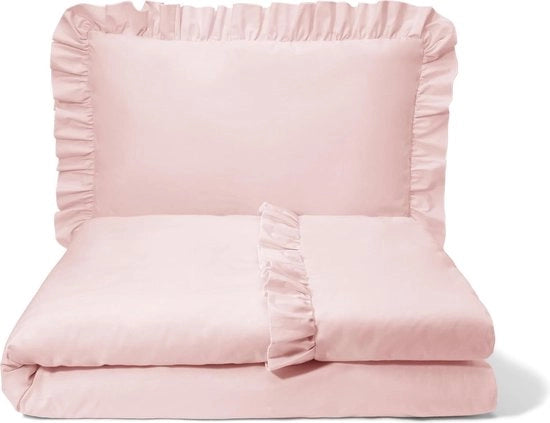 Set di lenzuola per bambini, 2 pezzi, set di lenzuola per letto con ruches e chiusura a zip, copriletto 100 x 135 cm, cuscino 60 x 40 cm, colore pastello rosa.